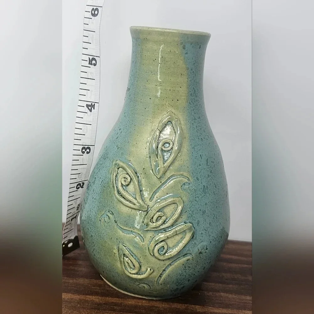 Handmade Pottery Vase Signed By Lana? Green Blue Textured Floral Detailed 6x3